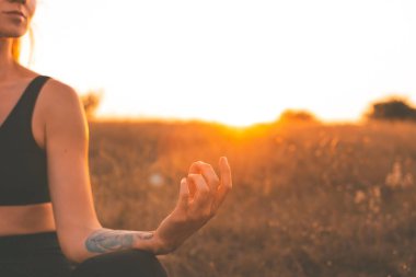 Yogi kadın yoga yapıyor ve Lotus pozisyonunda oturarak nefes egzersizleri yapıyor. Kadın vücuduna ve eline yakından bak. Dişi, dağlarda meditasyon yapıyor ve günbatımının tadını çıkarıyor. Yoga ve refah kavramı.