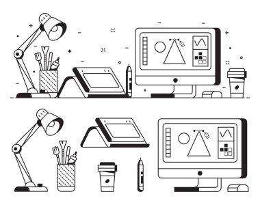 Grafiksel tasarımcı şeyleri ve dijital illüstratörlü ikonlar ya da çizim sanatında araçları ve ekipmanları olan sanatçı çalışma alanı. Dijital çizim ögeleri pankartı.