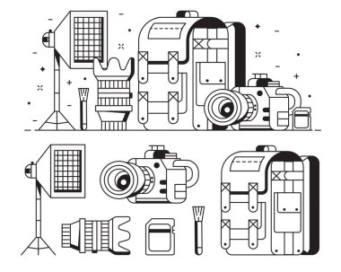 Digital photography icons with professional photographer equipment. Such as camera, lens, softbox, cleaning kit and photo bag. Photostudio concept banner in line art. Photo stuff collection. clipart