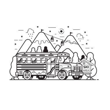 Kayak merkezi servis otobüsü ve karlı dağ zirveleri. Kış sporları merkezi otel taşıma konsepti sanat tasarımı için. Skibus servisi kayak tatili için yamaçlara gidiyor..