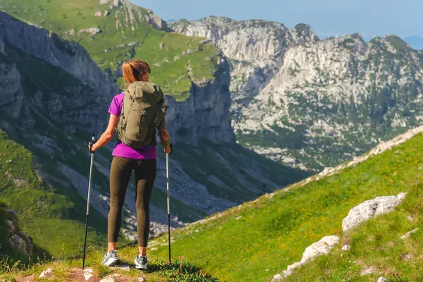 Dişi turistin dağlarda yürüyüş yapan çalı çırpı sırtındaki görüntüsü. Dişi gezgin vadiye bakan dağ yolunda yürüyor. Aktif yaşam tarzı ve yürüyüş macera konsepti.