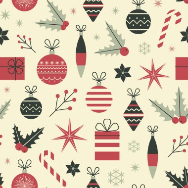 Klasik oyuncaklar, cam top süslemeleri, böğürtlenler ve hediyelerle kusursuz bir Noel deseni. Kumaş ve hediye ambalajı için retro dekoratif Xmas süsü.