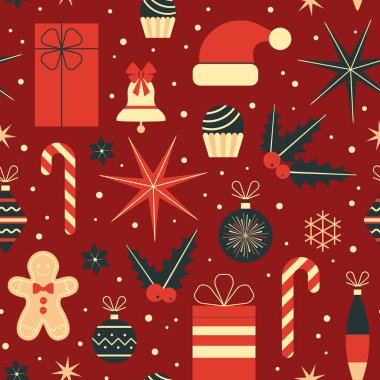 Noel Baba şapkaları, cam top süslemeleri, çanlar, böğürtlenler, hediyeler ve zencefilli kurabiye adamlar. Kumaş ve hediye paketi için klasik Xmas süsü.