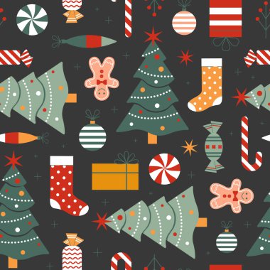 Noel ağacı, cam top süslemeleri, çoraplar, böğürtlenler, hediyeler ve zencefilli kurabiye adam. Kumaş ve hediye kağıdı için dekoratif Xmas süsü.