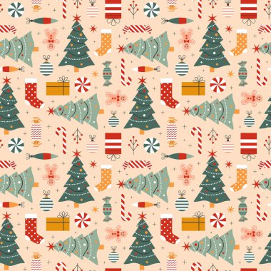 Noel ağacı, cam top süslemeleri, çoraplar, böğürtlenler, hediyeler ve zencefilli kurabiye adam. Kumaş ve hediye kağıdı için dekoratif Xmas süsü.