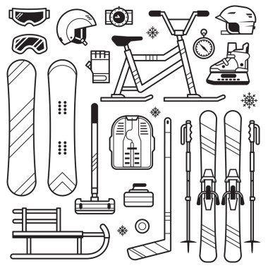 Kış sporları ikonu sanat eserlerinde belirlendi. Kayak, kayak, kar arabası, hokey, körling, snowboard ve kızaklar. Kar oyunları ekipmanları ve ana hatları simgeler. Snowboard ve kayak kaskları, gözlükler ve eldivenler.