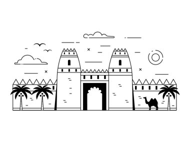 Birleşik Arap Emirlikleri 'ndeki Al Jahili Kalesi düz dizayn simgesi. Eski çöl tahkimatı ve Abu Dabi sahnesinin ünlü simgesi palmiye ağaçları, İslami yıldız ve hilal sembolü..