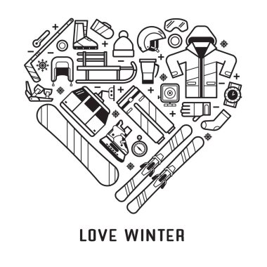 Kış yaşam tarzını seviyorum. Kar oyunları ve aktiviteler kalpte şekillendirilmiş ince çizgi elementler. Snowboard ve kayak ekipmanlarının ana hatlarıyla kış sporları koleksiyonu.
