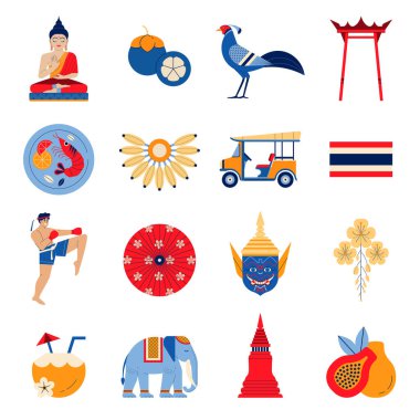 Tayland turistik etkinlikleri ve Bangkok simgeleri seti. Tayland gelenekleri ve kültür unsurları. Asya 'da fil, Buda, tapınak, meyve, tuk-tuk, Muay Thai savaşçıları, Khon maskesi.