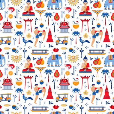 Tayland ve Bangkok 'a git. Buda, hayvan, meyve, tuk-tuk ve Muay Tayland dövüşçüsü gibi ünlü simge ve simgelerle kusursuz bir geçmişe sahip Tayland gelenekleri ve Asya kültürü..