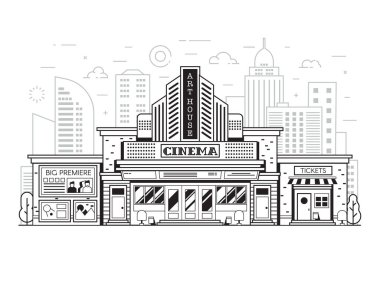 Modern şehir arka planında Retro sinema binası cephesi. Sinema salonunun dış cephesi sanat çizimi. Şehir kültürü ve eğlence simgesi Geometrik tasarımda ufuk çizgisi üzerinde.