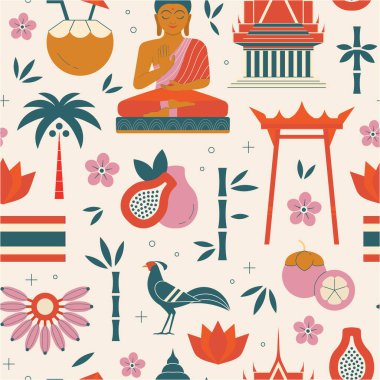 Travel Thailand and Bangkok vintage pattern. Thai traditions and Asian culture on seamless background with popular landmarks and symbols as Buddha, temple, red arch, flowers and fruits. clipart