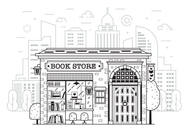 Modern şehir arka planında klasik bir kitapçı binası. Şehir merkezinde gökdelenleri olan otantik bir kitapçı. Klasik Avrupa antikacı sanat tasarımı kitapçısı.