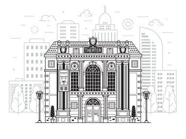 Modern şehir arka planında Retro tiyatro binası cephesi. Tiyatronun dış cephesi sanat illüstrasyonu. Şehir kültürü ve eğlence simgesi Geometrik tasarımda ufuk çizgisi üzerinde.