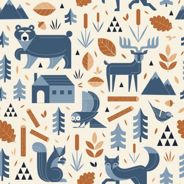 İskandinav ormanlarındaki vahşi hayvanlar ve kuşlar. Doğadaki geometrik orman yaratıklarına sahip İskandinav arkaplan, ahşap kulübe, dağlar, ağaçlar ve yapraklarla sıcacık ahşap.