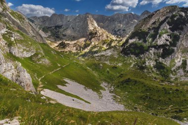 Karadağ 'ın Durmitor Ulusal Parkı' ndaki yeşil Alp Vadisi 'nde dağ yürüyüşü patikası. Tepe yamaçlı kayalık yürüyüş güzergahı olan ideal dağlık yaz manzarası. Avrupa 'da yürüyüş yerleri.