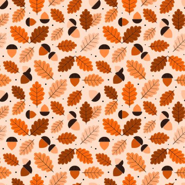 Sonbahar meşe yaprakları ve meşe palamudu deseni. Düşen yaprak modern geometrik dikişsiz arka plan. Tekstil veya ambalaj kağıdı için sıcak sonbahar orman baskısı.