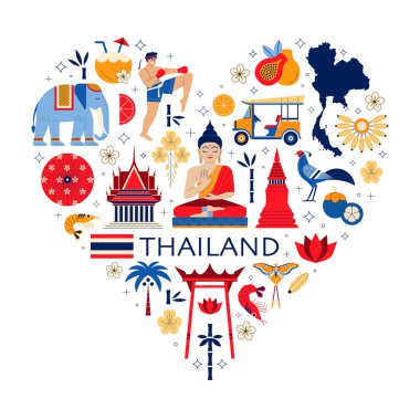 Ünlü Tayland ve Bangkok turistleri kalp şeklinde. Tayland kartlarını ya da seyahat eden Asya sembollerini seviyorum fil, Buda, tapınak, meyve, tuk-tuk, Muay Thai savaşçısı ve Khon maskesi.