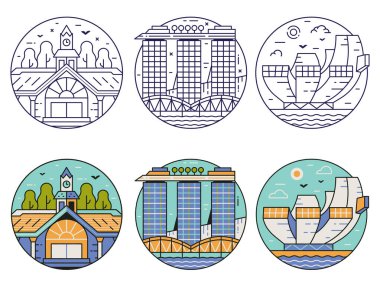 Singapore landmarks circle travel icons with famous places including skyscrapers hotel, art museum and street food market. Popular Singapore architecture symbols and attractions in line art style. clipart