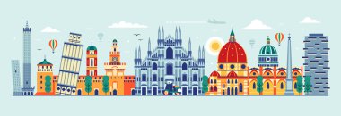 İtalya 'nın turistik bölgelerine seyahat et. Ünlü mimari eserleri ve popüler binaları olan panoramik bir sahne. İkonik Avrupa simgelerine ve İtalyan şehirlerinin kültürel sembollerine sahip web pankartı.