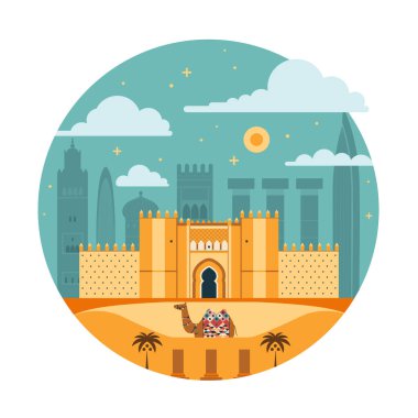 Kasbah kapıları ve ünlü mimari simgeleriyle Marakeş 'e git. Popüler mimari cazibesi olan Fas panoraması. Çember biçim etiketi.