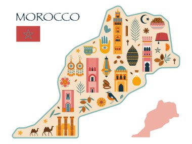 Morocco travel map with famous tourist symbols such as architectural buildings, culture, souvenirs, food and animals. Moroccan design print or poster with famous landmarks of Marrakesh, Fez and Rabat. clipart