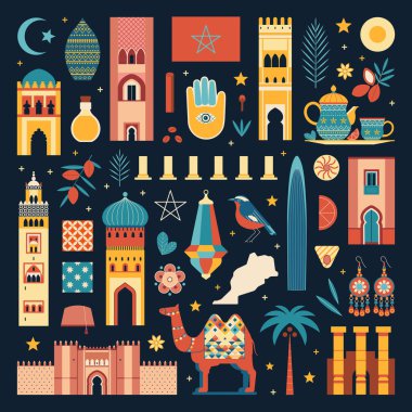 Fas tasarım elementleri koleksiyonu ünlü kültürel semboller ve mimari ile. Turist simgeleri, hatıralar, hayvanlar, Arap yemekleri ve mimari eserlerle dolu Fas seyahat klip sanatları seti.