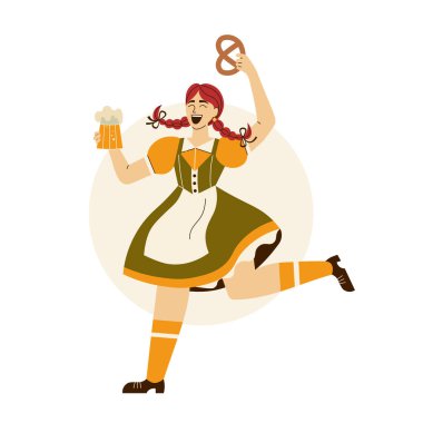 Geleneksel Alman kıyafetleriyle Bavyeralı dansçı kız elinde bira ve krakerle tezahürat yapıyor. Almanya bayramı Oktoberfest kadın ulusal kostüm.