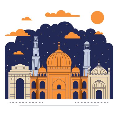 Hindistan ünlü mimari binalarla ufuk çizgisine seyahat eder. Minimalist Hint gece şehri sahnesi. Popüler mimari simgelerle, tarihi ve modern turistik merkezlerle illüstrasyon.