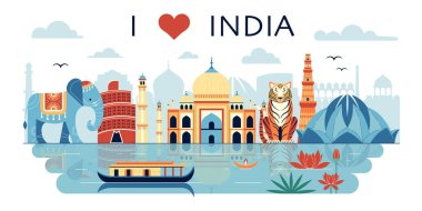 Hindistan web pankartı, şehir silueti, Bengal kaplanı, fil, nilüfer çiçekleri ve suda geleneksel kano teknesi. Asya 'da Hindistan' ın popüler simgeleri, cazibeleri ve mimari sembolleri ile seyahat sahnesi.