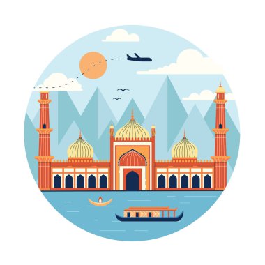 Delhi 'den Jama Mescid tarihi dini binası, geleneksel kano teknesi olan su, arka planda mum ve dağ ikonu. Hindistan 'ın tarihi mimarisi ile seyahat ve turizm sahnesi.