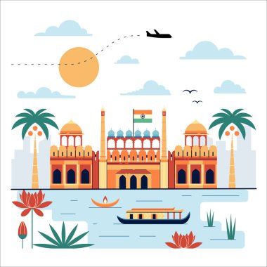 Kızıl Kale 'nin şehir manzarası, tarihi bina ve Delhi' nin popüler turistik simgesi. Nilüfer çiçekli Lal Quila kalesi, geleneksel kano botu ve yüzen mum. Hindistan posterine git.