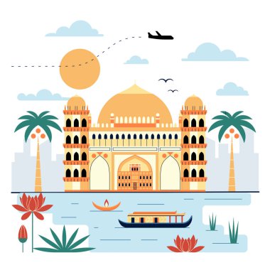 Kızıl Kale 'nin şehir manzarası, tarihi bina ve Delhi' nin popüler turistik simgesi. Nilüfer çiçekli Lal Quila kalesi, geleneksel kano botu ve yüzen mum. Hindistan posterine git.