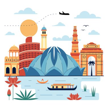 Hindistan 'ın gökyüzü manzarası, nilüfer çiçekleri, su üstünde yüzen kasedeki mum ve geleneksel kano teknesi. Asya 'da popüler Hint şehirleri, eğlence yerleri ve mimari binalarla seyahat sahnesi.