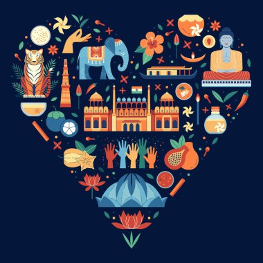 Ünlü kültürel sembolleri ve mimarisi olan Hindistan seyahat kartlarına bayılırım. Kalp şeklindeki posterde turistik işaretler, popüler hatıralar, hayvanlar, Hint yemekleri ve mimari anıtlar var..