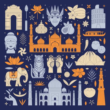 Hindistan seyahat posterleri ünlü mimari binalar, kültür sembolleri ve karanlık arka planda mimari. Popüler Hint şehirleri, turistik yerler, hayvanlar ve bitkiler ana hatlarını belirler..