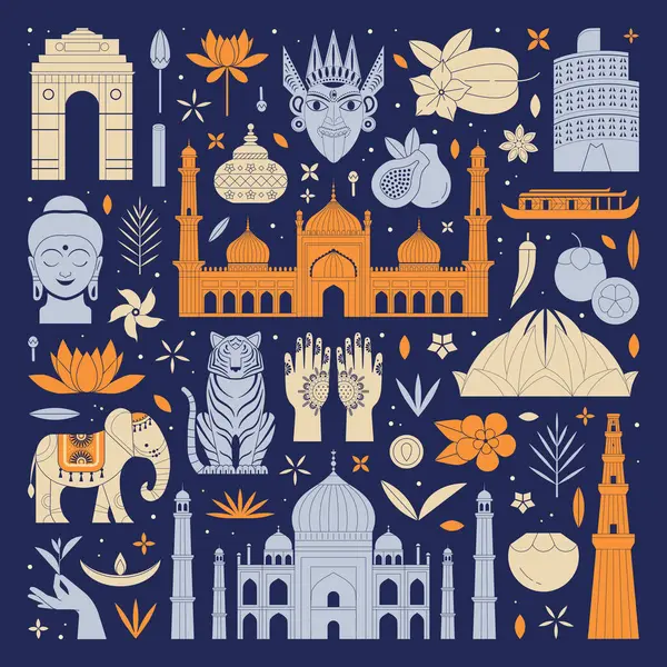 Hindistan seyahat posterleri ünlü mimari binalar, kültür sembolleri ve karanlık arka planda mimari. Popüler Hint şehirleri, turistik yerler, hayvanlar ve bitkiler ana hatlarını belirler..