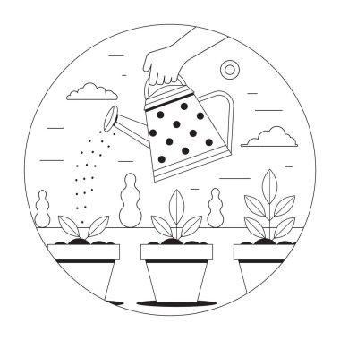 Bahar tohumu büyüyen, el ele tutuşan bir çember simgesi. Sulama tenekesi kil kaplara genç yeşil bitkiler döküyor. Çiçekler bahar baharı bahçıvanlığı sahnesinde filizler ve fıskiyeler sanat tarzında yetişir..