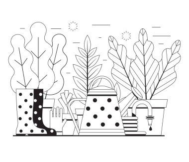 Çiçek yetiştirme ve sulama konsepti, lastik botlar, eldivenler, bahçe hortumu ve bitkiler... bahar baharı bahçıvanlığı ve bitki yetiştirme araçları sanat tarzında..