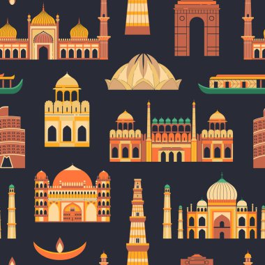 Hindistan, ünlü Hint mimari binalarıyla seyahat ediyor. Turistik yerler, antik ve modern anıtlar. Popüler mimari sembolleri ve turistik cazibeleri olan kusursuz Asya geçmişi.