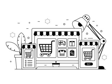 Cihaz ekranlı internet alışveriş konsepti. Çevrimiçi dijital mağaza uygulama afişi çizgi sanat tasarımı. Alışveriş arabası ve mallarla yapılan e-ticaret illüstrasyonları. Çevrimiçi arkaplan.