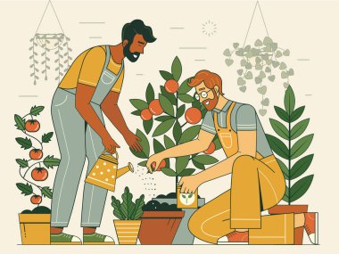 Bahçede birlikte çalışan, saksıda çiçek eken ve sulayan eşcinseller. Mutlu iki erkek arkadaş şehir bahçesindeki sebze bitkileriyle ilgileniyor. Sanat açısından bahar bahçıvanlığı kavramı.