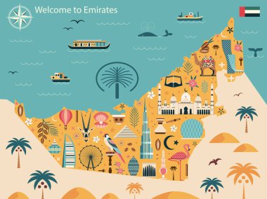 Dubai ve Abu Dabi 'nin tarihi yerleri, anıtları ve ünlü kültürel sembolleriyle BAE seyahat haritası. Emirates posteri veya kart tasarımı turist çekimleri, hayvanlar, gıda ve düz tasarım ikonlarıyla.