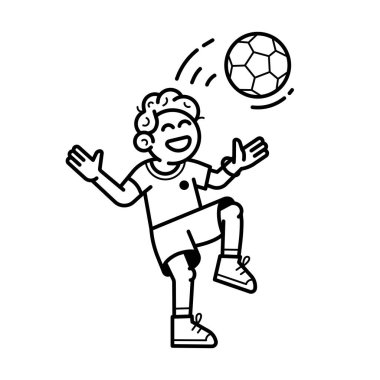 Neşeli erkek futbolcu çocuk futbol topunu kafasıyla tekmeliyor. Gülümseyen genç sporcu çocuk çizgi sanatında futbol illüstrasyonu yapıyor..