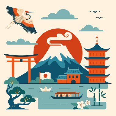 Fuji Dağı, Japon tapınağı, torii kapıları ve uçan Asya vinci ile şehir manzarası. Popüler semboller ve bonsai ağacı, bambu ve origami botlu su kenarı turistik simgeler. Japonya kartına git.