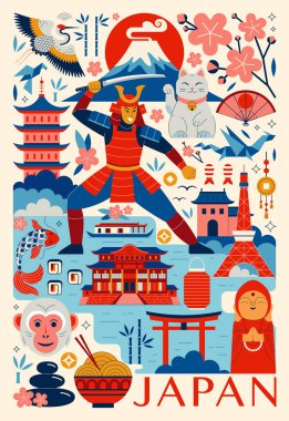 Geleneksel sembolleri, ulusal hayvanları, Japon sanatını, mimari simgelerini barındıran Japonya seyahat posterleri. Kültürel simgelerin olduğu tasarım kartı Fuji Dağı, samuray savaşçısı, origami ve kiraz çiçeği..