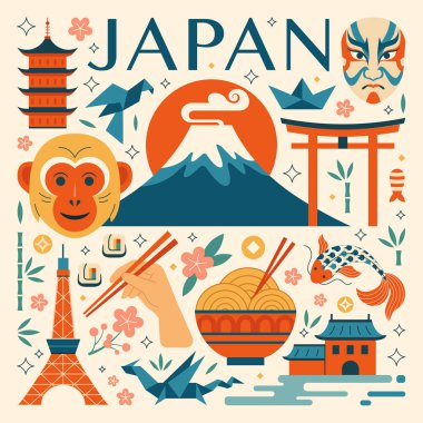 Japon geleneksel sembolleri, yiyeceği, ulusal hayvanları, mimari simgeleri olan klasik Japon seyahat posterleri. Fuji Dağı, kabuki maskesi, origami ve kiraz çiçeği gibi kültürel simgelere sahip tasarım kartı.