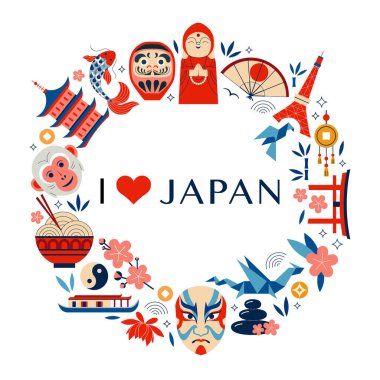 Japonya 'nın daire baskısını seviyorum. Japon tasarım unsurları, geleneksel sanat ve mimari simgelere sahip turizm kartı veya sınır çerçevesi. Kültürel simgeler ve tırmanışlar içeren klasik tasarım baskısı.