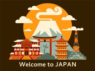 Fuji Dağı, Japon tapınağı, torii kapıları ve uçan vinçle Japonya sahnesini gezmek. Popüler Japon sembolleri ve turist simgeleriyle Asya 'da tatil kartı. Asya 'da tatil düz bir şekilde resmedildi.