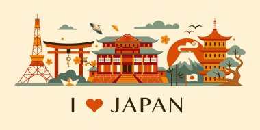 Japon kültürünün ünlü sembolleri ve popüler simgeleriyle Japonya 'nın ufuk çizgisi seyahat afişini seviyorum. Fuji Dağı, pagoda, modern, geleneksel ve tarihi mimari yapılar klasik renklerde..